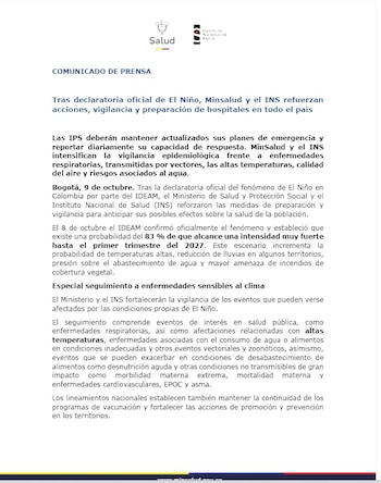 El Ministerio de Salud y el Instituto Nacional de Salud reforzaron en Colombia la vigilancia epidemiológica y la preparación hospitalaria tras la declaración oficial del fenómeno de El Niño - crédito Ministerio de Salud