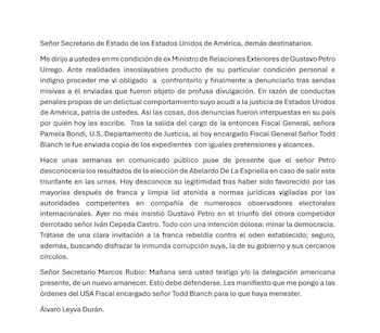La carta enviada por Álvaro Leyva a Marco Rubio y otras autoridades estadounidenses ratifica las denuncias contra Gustavo Petro y ofrece colaboración con la justicia de ese país - crédito Álvaro Leyva/X