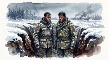 Ilustración en acuarela de dos soldados con uniformes camuflados y parches de la República Dominicana dentro de una trinchera nevada.