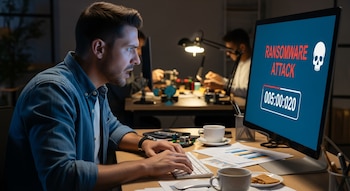 Un hombre mira una pantalla de computadora que muestra un ataque de ransomware y un cronómetro. Su escritorio tiene teclado, ratón, documentos y tazas. Dos personas trabajan en el fondo.