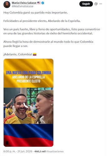 La congresista aseveró que la llegada del togado a la Presidencia es un buen augurio para el futuro de Colombia - crédito @MaElviraSalazar/X