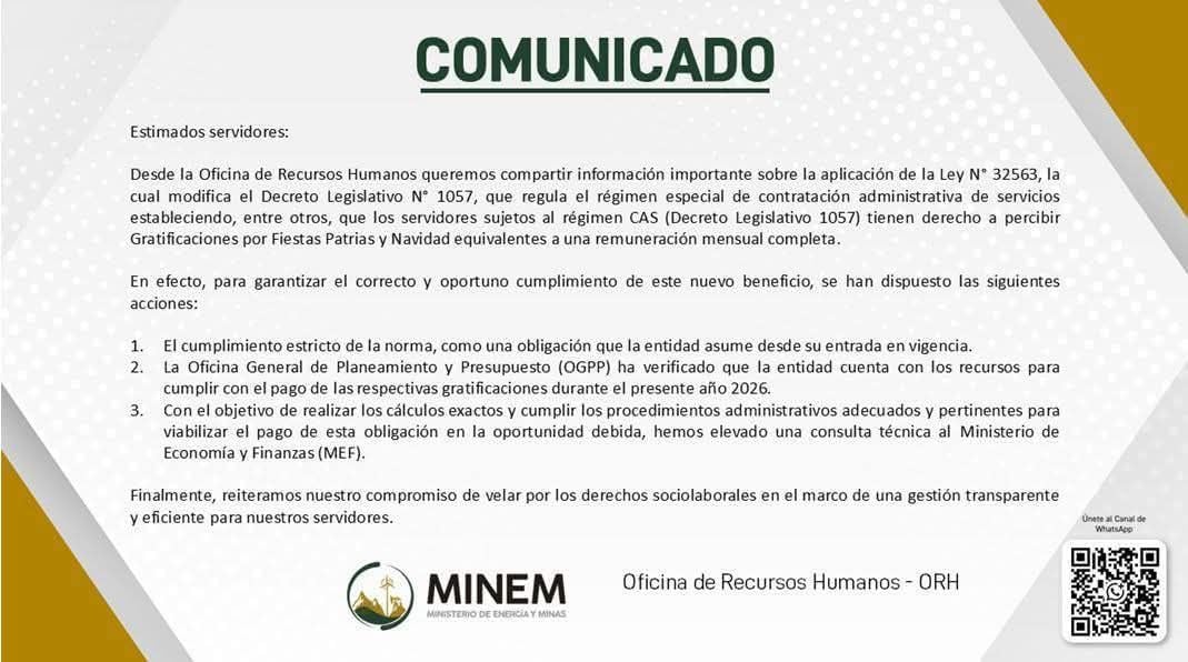 El Minem confirmó que sus trabajadores CAS sí recibirán su gratificación de julio. - Crédito Captura del Minem