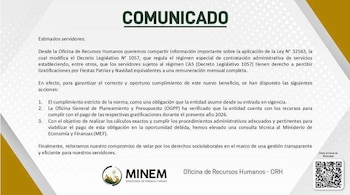 Captura del Minem con comunicado sobre gratificación para trabajadores CAS