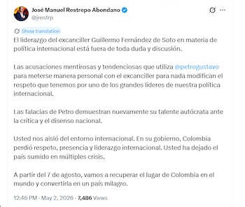 El exministro cuestionó los señalamientos del mandatario, calificándolos como ataques personales - crédito @jrestrp/X