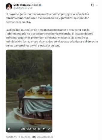 La representante Mafe Carrascal expresó preocupación por la situación de seguridad en el campo colombiano - crédito @MafeCarrascal/X