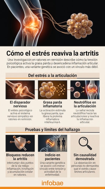 Infografía con ilustraciones de una rodilla, sinapsis nerviosas, células adiposas, neutrófilos, una molécula de ADN y textos explicativos.