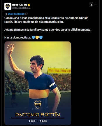 Interfaz de red social que muestra publicación de Boca Juniors con texto de pésame. Incluye foto de Antonio Rattín con camiseta de fútbol, su nombre y años 1937-2026