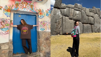 Dos fotos de una mujer: en una, posa con camiseta oscura ante una puerta azul y muro colorido; en la otra, de espaldas, ante grandes muros de piedra