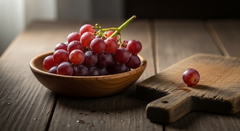 Imagen de un tazón de madera lleno de uvas rojas con gotas de agua y una uva individual sobre una tabla de cortar de madera oscura, todo sobre una mesa.