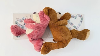 Dos osos de peluche, uno rosado y otro marrón, yacen sobre un tablero con billetes doblados en forma de corazón y sujetos con imperdibles