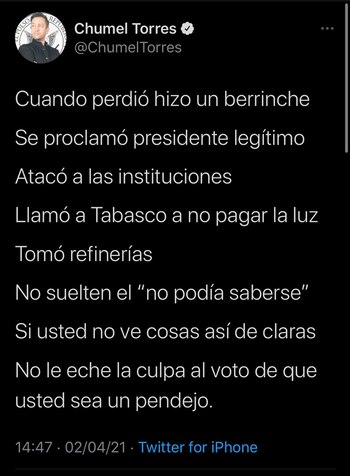 Chumel Torres muestra su molestia