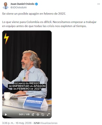 Juan Daniel Oviedo alertó sobre riesgo de apagón en Colombia en 2027 por decisiones oficiales - crédito @JDOviedoAr/X