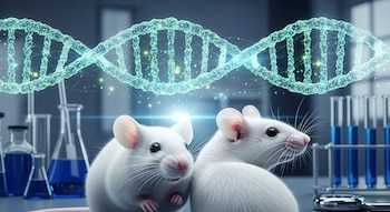 Dos ratones blancos de laboratorio con una molécula de ADN digital flotando detrás. Se aprecian tubos de ensayo y matraces en un entorno de laboratorio.