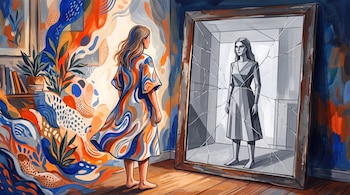 Mujer con vestido estampado colorido de espaldas frente a un espejo roto; su reflejo es una figura monocromática y geométrica; el fondo es abstracto y vibrante.