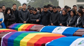 Varias personas con rostros tristes de pie alrededor de ataúdes. Algunos ataúdes están cubiertos con banderas LGBTI y uno con la bandera de Nicaragua.