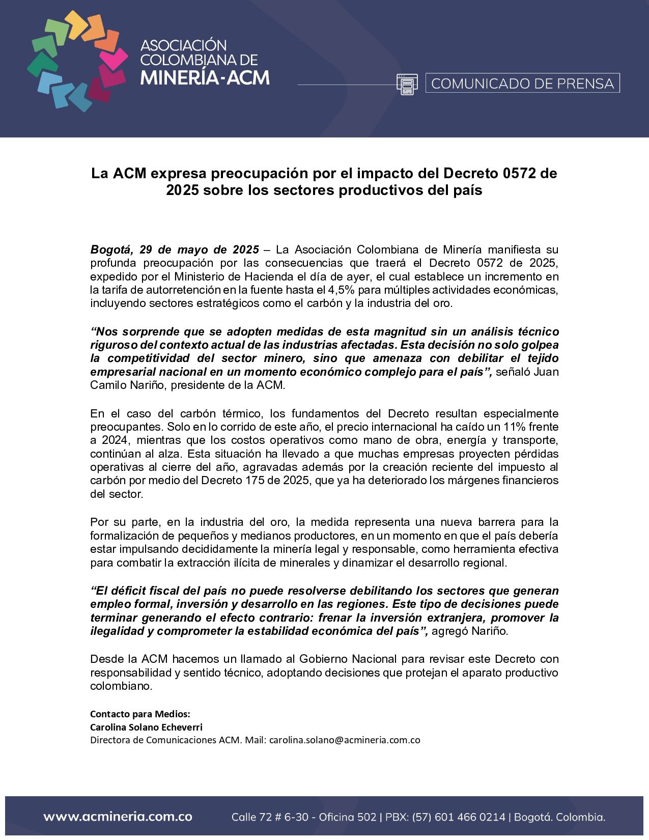 La Asociación Colombiana de Minería dice que el Decreto 0572 de 2025 es inconveniente - crédito ACM