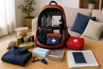 Mochila naranja abierta junto a botellas de agua, conservas, linterna, radio, botiquín, mascarillas y documentos sobre una mesa de madera.