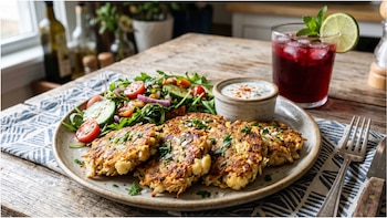 Primer plano de tortitas de pollo y coliflor en un plato de cerámica, acompañadas de ensalada fresca, salsa y una bebida con hielo, lima y menta sobre una mesa de madera