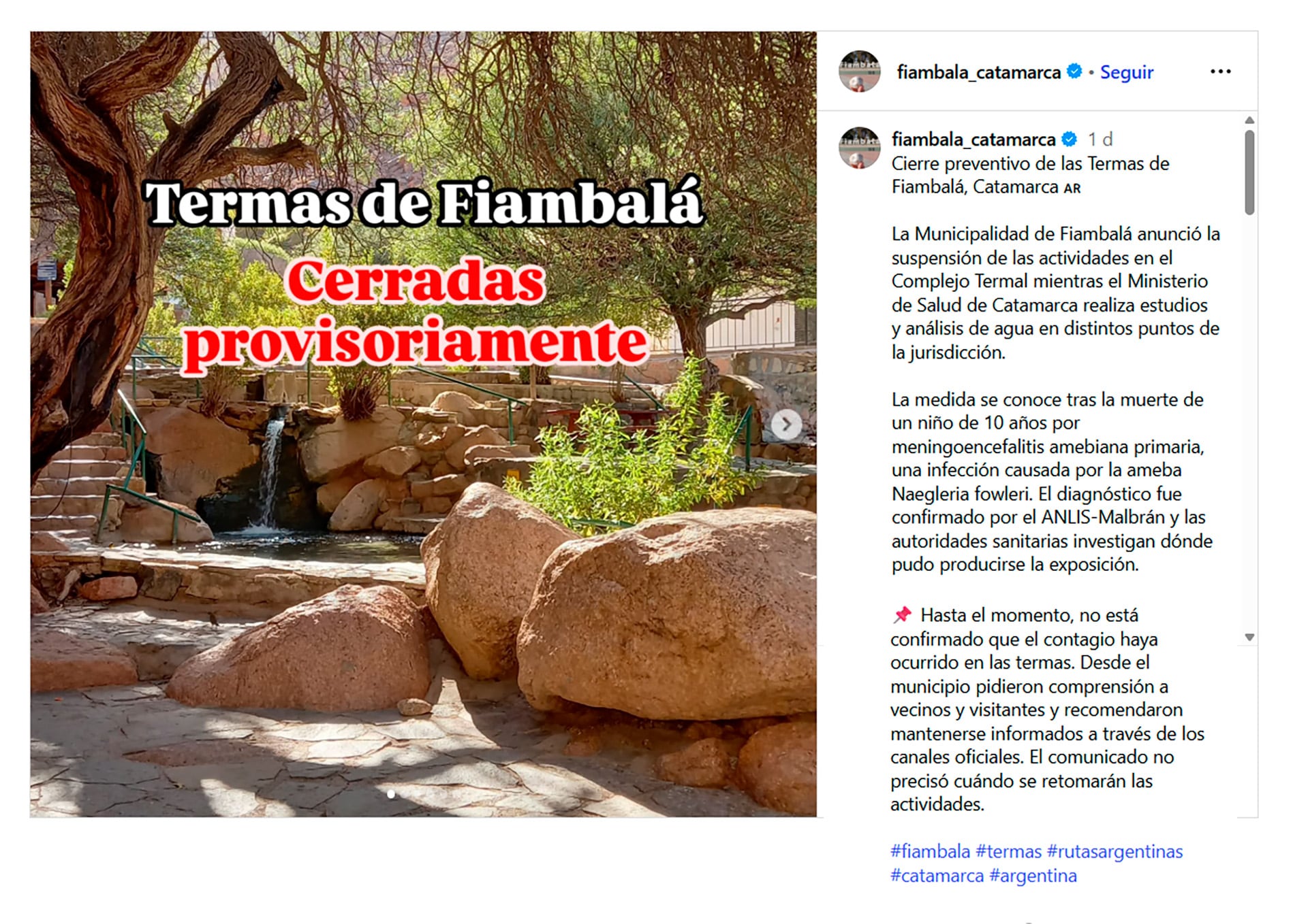 El comunicado de la Municipalidad de Fiambalá por el cierre provisorio de las Termas locales (@fiambala_catamarca)