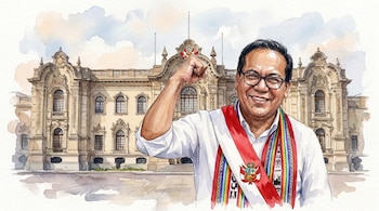 Retrato en acuarela de Roberto Sánchez, sonriendo con gafas y puño levantado, vistiendo banda presidencial ante el Palacio de Gobierno de Perú.