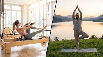 Imagen dividida: a la izquierda, mujer en camilla de Pilates en estudio; a la derecha, hombre haciendo yoga en postura del árbol junto a un lago y montañas.