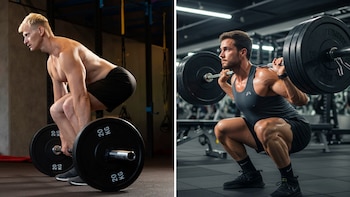Díptico. Hombre rubio sin camiseta levanta barra con discos de veinte kilogramos. Hombre con barba hace sentadilla con barra sobre hombros en gimnasio