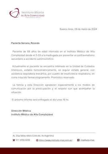 Nuevo parte médico sobre la