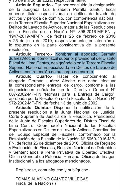 Resolución que remueve a Germán Juárez y lo promueve a fiscal superior provisional.