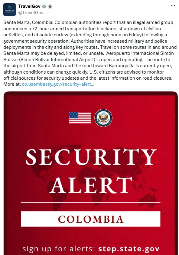 El Departamento de Estado emitió una recomendación de seguridad para sus ciudadanos en Santa Marta, Magdalena y La Guajira. - crédito @TravelGov/X