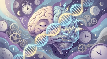Cerebro ilustrado con ojos cerrados, rodeado de cadenas de ADN, destellos eléctricos, relojes, lunas, estrellas y engranajes.