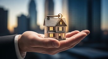 Primer plano de una mano humana sosteniendo una casa modelo en miniatura con una llave dorada sobre el techo, con un fondo urbano desenfocado.