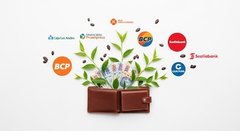 Billetera de cuero marrón abierta con billetes de soles peruanos y tallos verdes brotando, rodeada por logos de bancos como BCP, Scotiabank y Caja Los Andes.