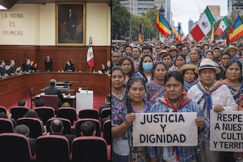 Un díptico muestra el Pleno de la Suprema Corte de Justicia de la Nación y una manifestación de personas indígenas con pancartas y banderas.