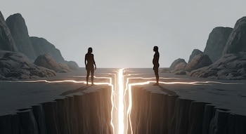 Vista frontal de dos siluetas humanas de pie en los bordes opuestos de una grieta profunda y luminosa en un paisaje desértico rocoso, bajo un cielo gris.