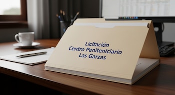 Un expediente de color beige con el texto 'Licitación Centro Penitenciario Las Garzas' sobre un escritorio de madera, junto a un bolígrafo y una taza de café.