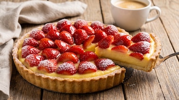 Tarta de frutillas con crema pastelera sobre una mesa de madera, con una porción alzada sobre una espátula y una taza de café al fondo.