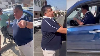 Tres tomas de un hombre de mediana edad, vestido con polo azul y pantalón claro, gesticulando en una calle y luego al volante de una camioneta SUV azul