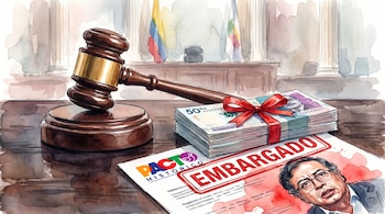 Un mazo de juez junto a billetes atados y un documento con la palabra embargado, el logo de Pacto Histórico y el retrato de Gustavo Petro.