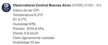 Captura de pantalla de un mensaje con datos meteorológicos del Observatorio Central Buenos Aires a las 07 horas