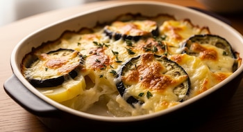 Primer plano de un pastel gratinado de berenjena y patatas en una fuente de horno ovalada, con queso dorado y hojas de tomillo fresco en la superficie.