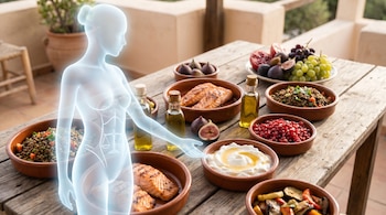 Una figura femenina translúcida se cierne sobre una mesa de madera con varios platos de dieta mediterránea: salmón, legumbres, frutas variadas, yogur y vegetales.