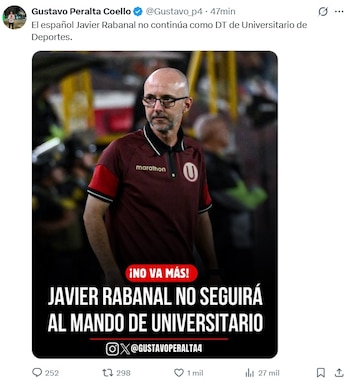 El periodista Gustavo Peralta confirmó la salida de Javier Rabanal como DT de Universitario.