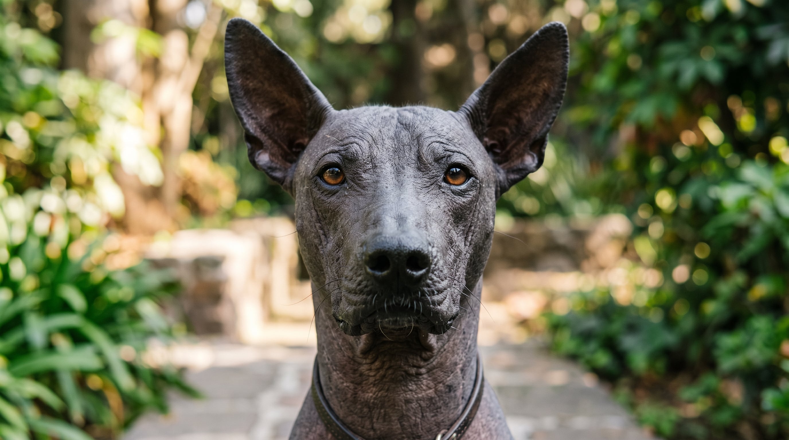 Un xoloitzcuintle observa hacia el frente en un espacio al aire libre rodeado de vegetación. (Imagen Ilustrativa Infobae)