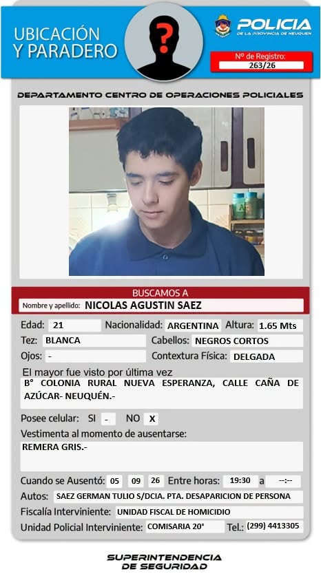 Nicolás Sáez lleva una semana desaparecido hasta este sábado