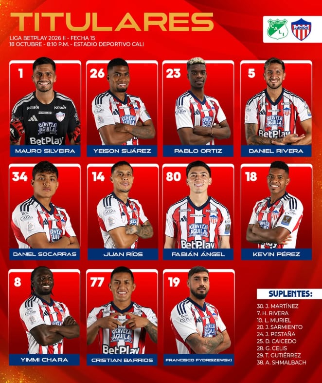 Once titular del Junior de Barranquilla para visitar al Deportivo Cali - crédito Junior Club SA