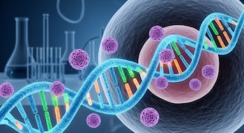 Ilustración 3D de una doble hélice de ADN con segmentos verdes y naranjas, moléculas esféricas púrpuras, una célula rosada y un fondo de laboratorio borroso.