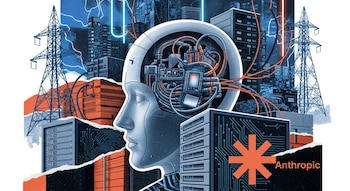 Ilustração digital de uma cabeça de robô semitransparente com circuito, cercada por servidores, data centers e torres elétricas. O logotipo da Antrópico está visível.
