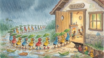 Ilustración de hormigas con impermeables y paraguas de hoja caminando bajo la lluvia hacia una casa con el letrero 'Refugio'.