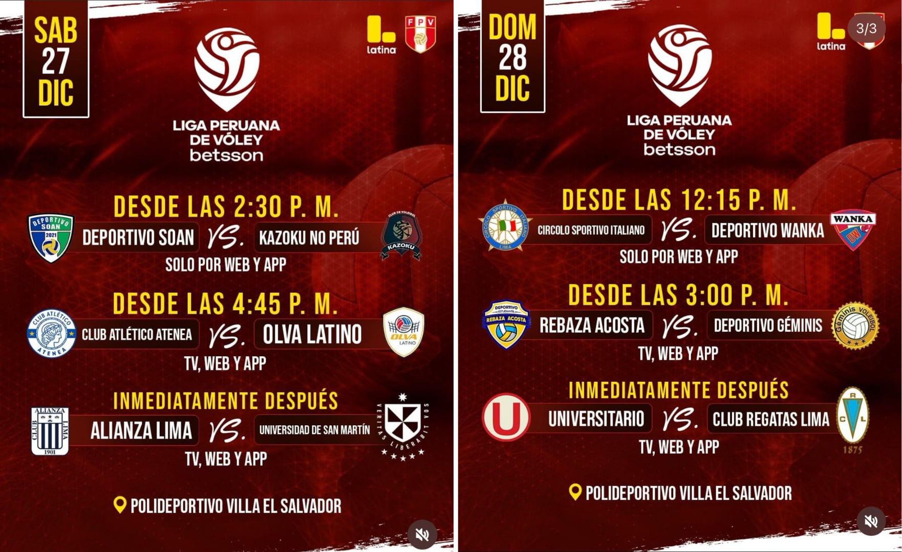Entradas Alianza Lima vs San Martín por la fecha 10 de la Liga Peruana de Vóley 2025/26