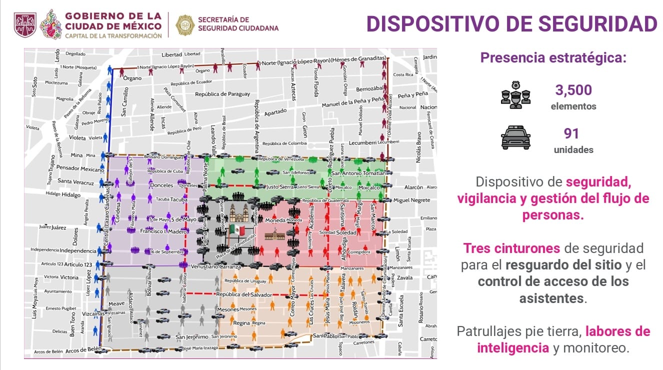La Secretaría de Seguridad Ciudadana de la Ciudad de México despliega 3.500 elementos y tres cinturones de seguridad en el Centro Histórico para las fiestas patrias. (X/ @GobCDMX)